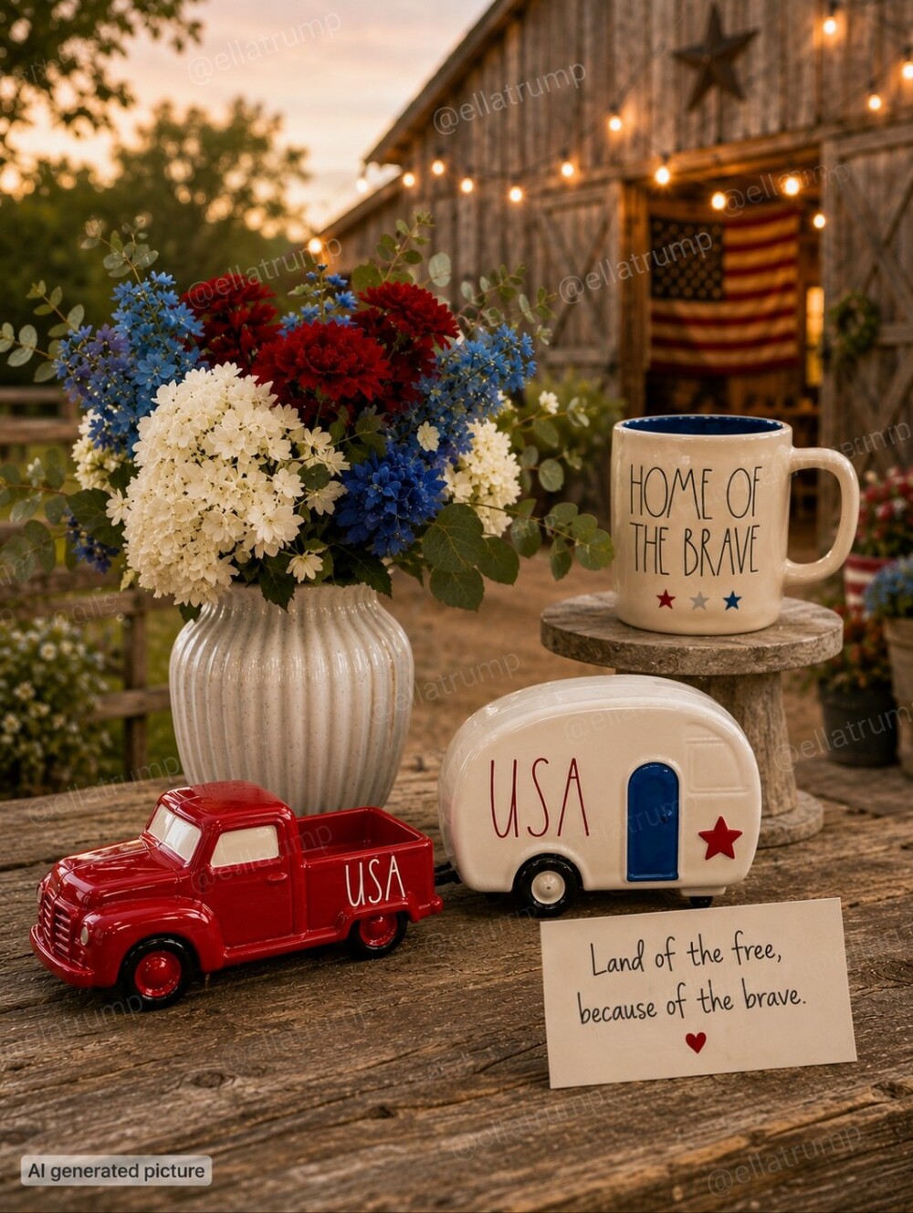 Rae Dunn USA Camper Trailer Truck & Home of the Brave Ceramic Mug See all pics!